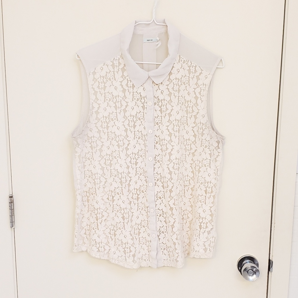 Off-white/cream Button Up Sleeveless Lace Shirt L